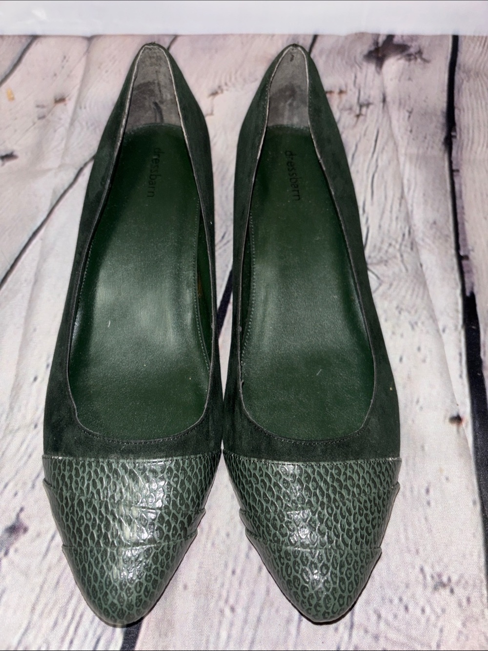 Dress Barn Dark Green Pointed-Toe Flats with Textured Cap